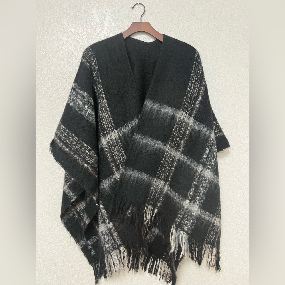 Mohair Blend Plaid Poncho Cape, Oversized Shawl Wrap – Made in France